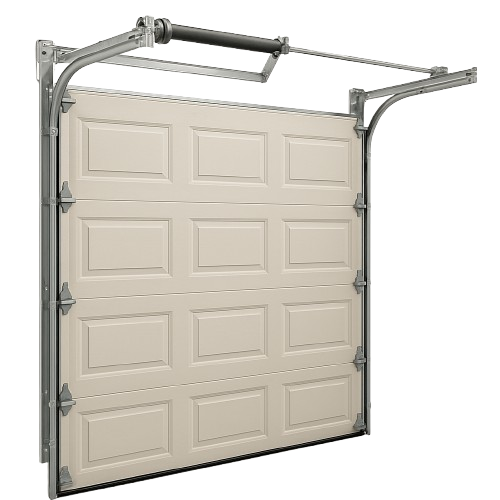 A beige sectional garage door with rectangular panels, mounted on a steel track system with torsion spring support.