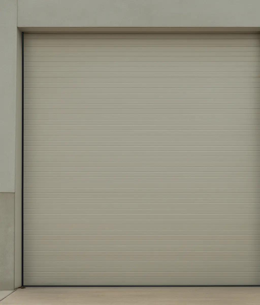 Insulated Commercial Roll-Up Garage Door for Business Efficiency and Security Closed beige roll-up commercial garage door with horizontal panels framed in a concrete building