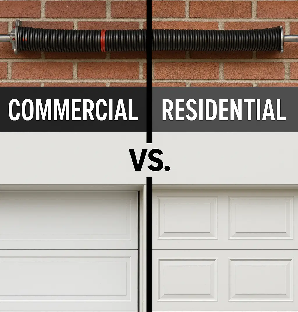 Commercial vs. Residential Garage Doors – Visual Comparison of Design and Durability Split view of commercial and residential garage doors showing torsion springs and door designs in a brick wall setting