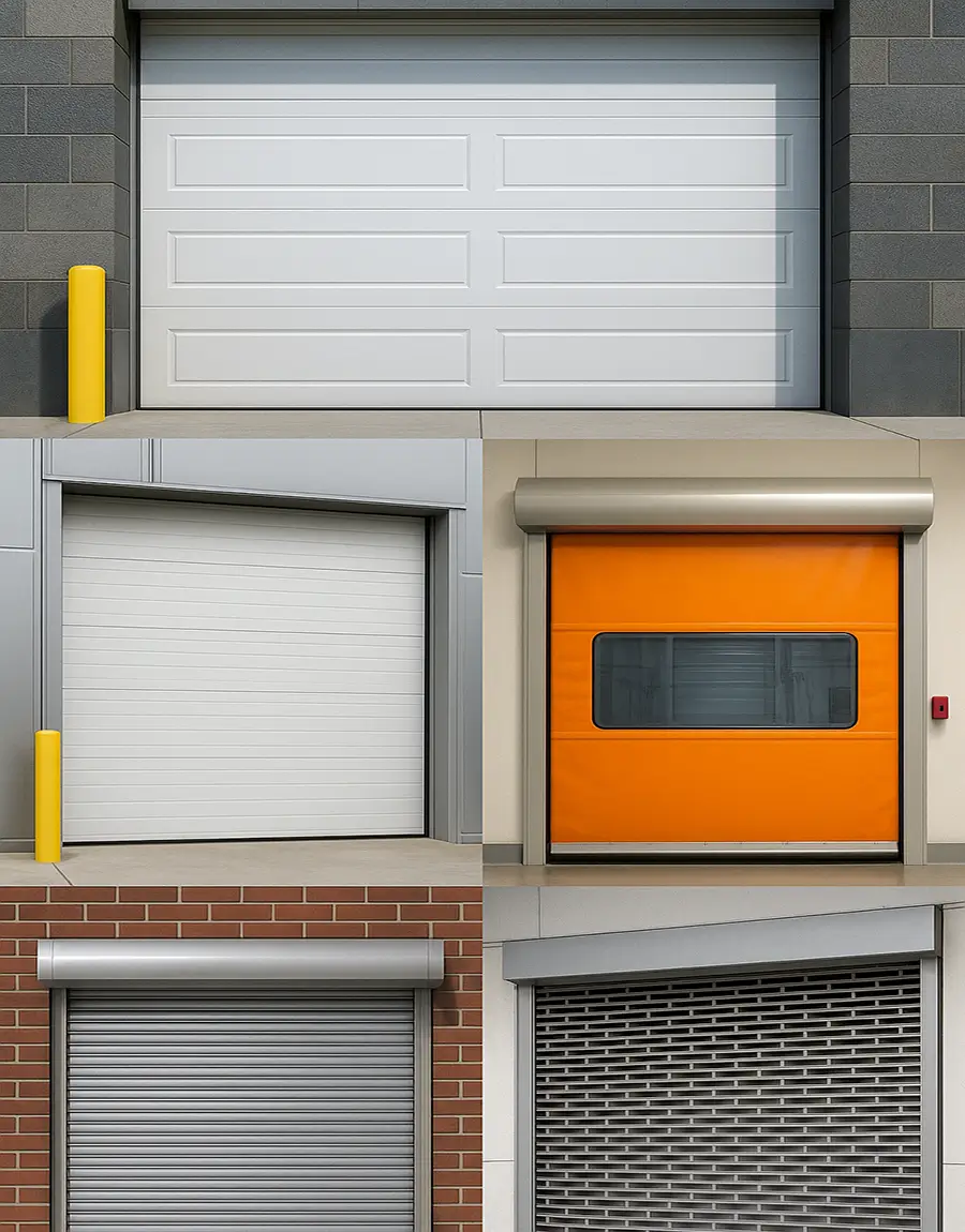 Types of Commercial Garage Doors – Visual Reference for Industrial Applications Vertical collage showcasing five types of commercial garage doors including sectional, roll-up, high-speed, fire-rated, and security grille doors in industrial settings