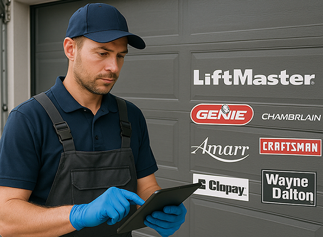 Garage door technician servicing opener with logos of LiftMaster, Genie, Chamberlain, Amarr, Craftsman, Clopay, and Wayne Dalton