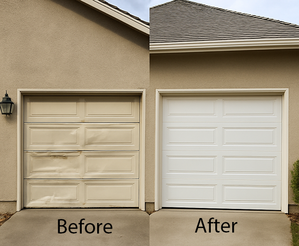 A side-by-side comparison showing a damaged garage door on the left and a newly repaired white garage door on the right, both installed on a beige house exterior.