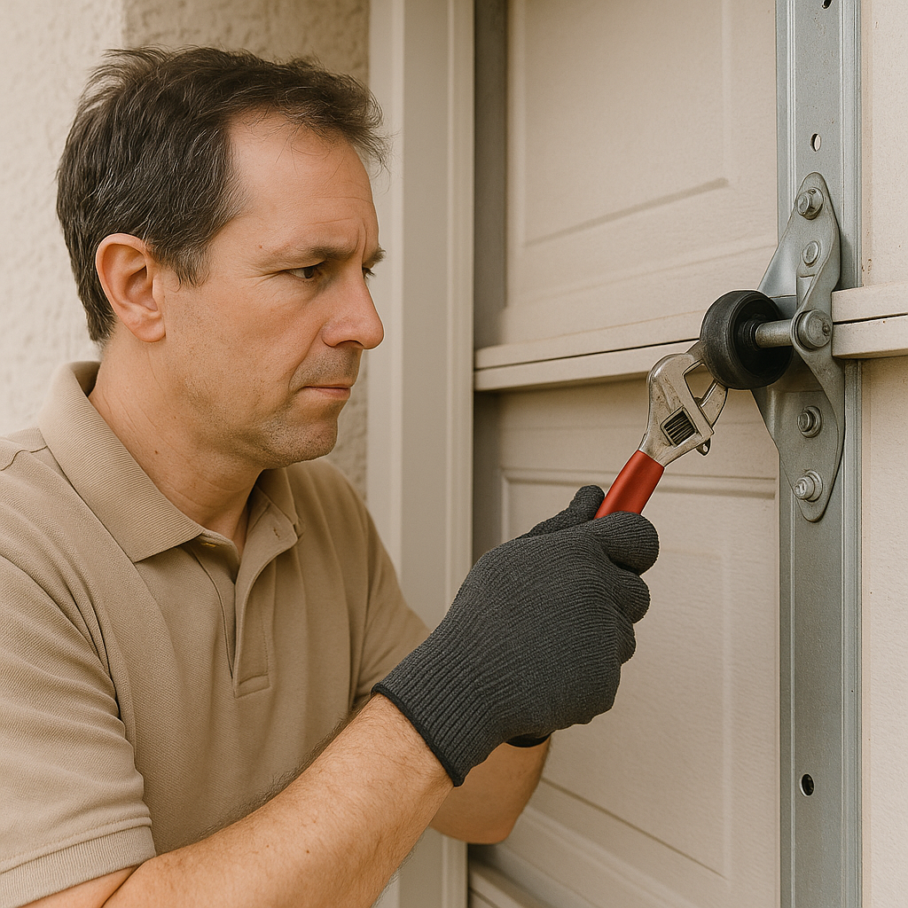 Focused technician adjusting a garage door roller with a wrench and gloves