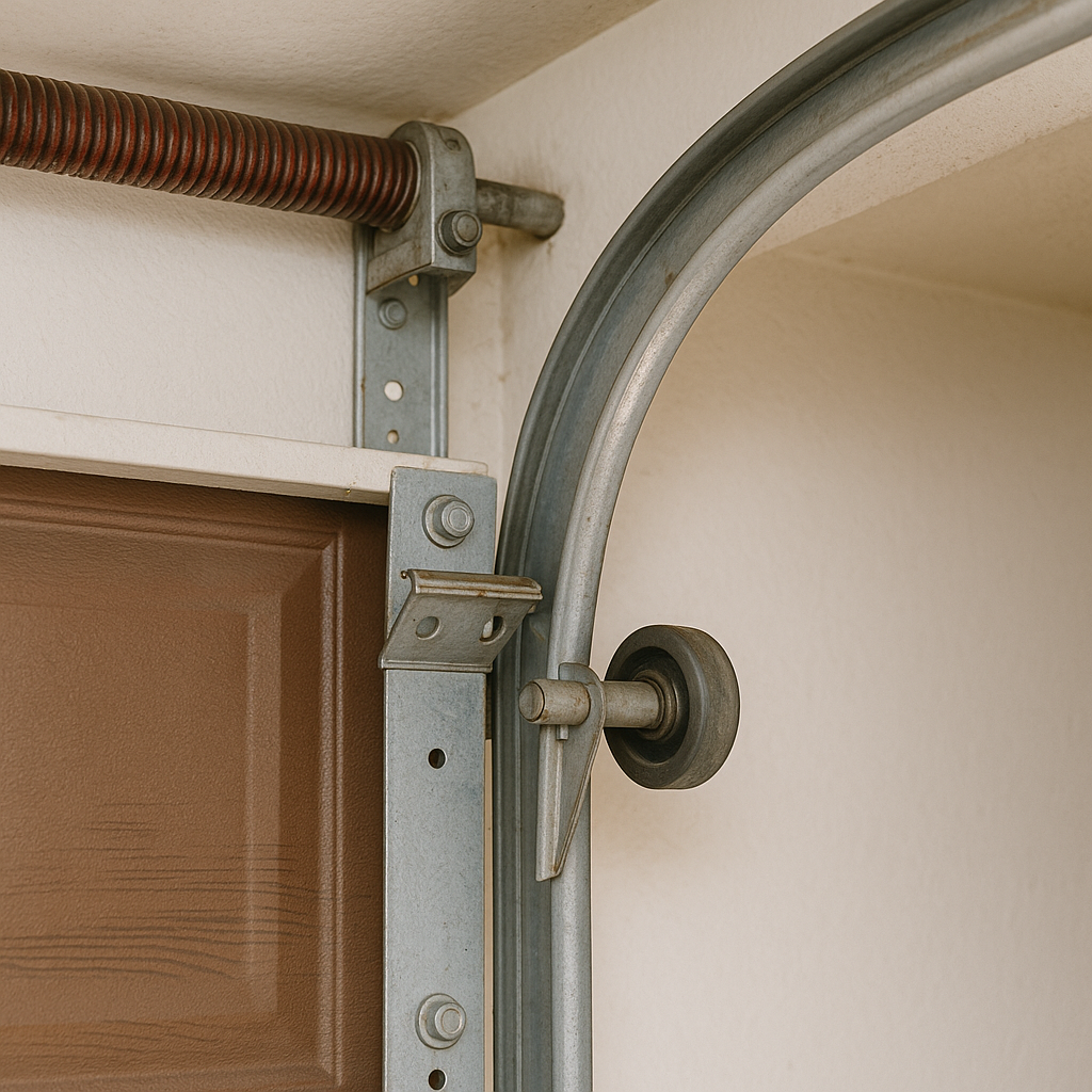 Detailed view of a garage door’s upper roller assembly and curved metal track with a brown panel