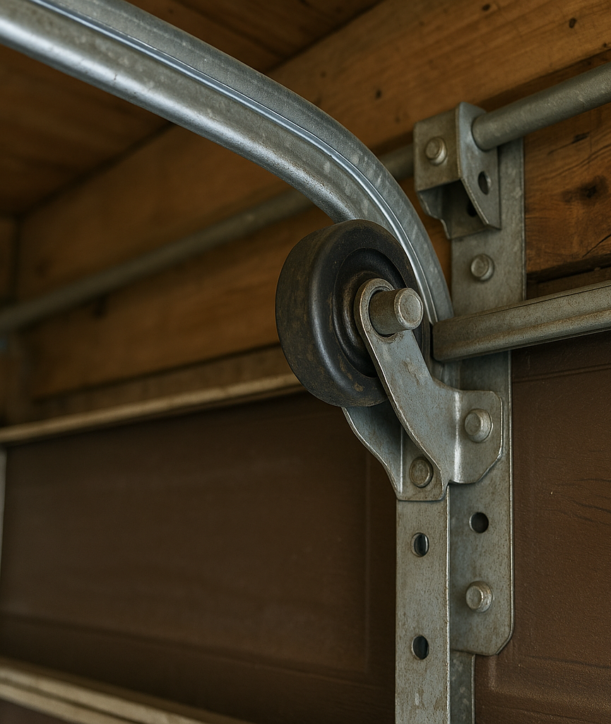 A high-resolution close-up photograph showing the upper track and roller assembly of a garage door system. The worn metal components and vibration marks on the brown panel indicate a noisy mechanism needing maintenance.