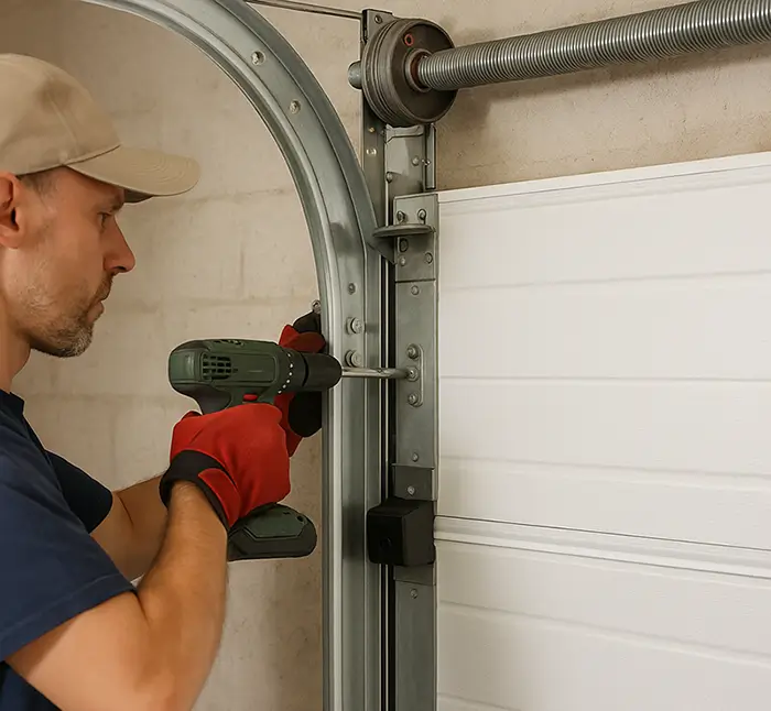 Certified Garage Door Installation for Safe and Reliable Operation Professional technician using a drill to install a white garage door on a steel track with torsion spring
