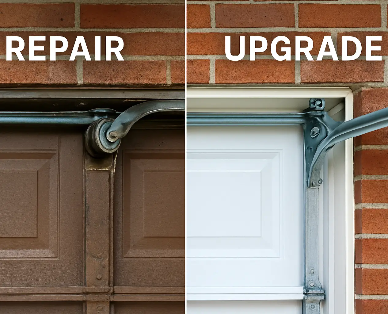 Garage Door Repair vs. Upgrade – Expert Comparison in The Woodlands TX Side-by-side comparison of an old brown garage door with worn rollers and a modern white garage door with clean, upgraded hardware.