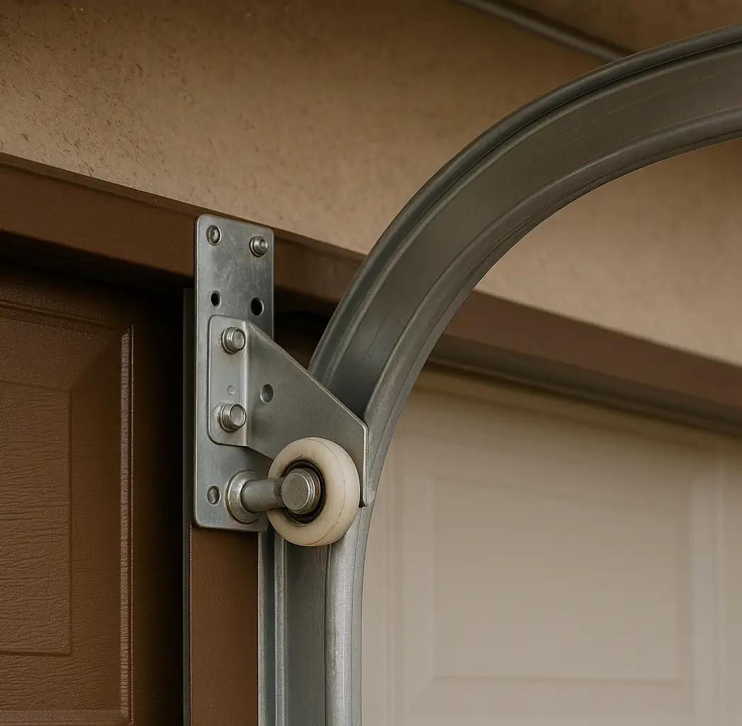 Worn Garage Door Roller and Track – Repair or Replace Decision Guide Close-up of garage door upper roller assembly and curved metal track with a brown panel