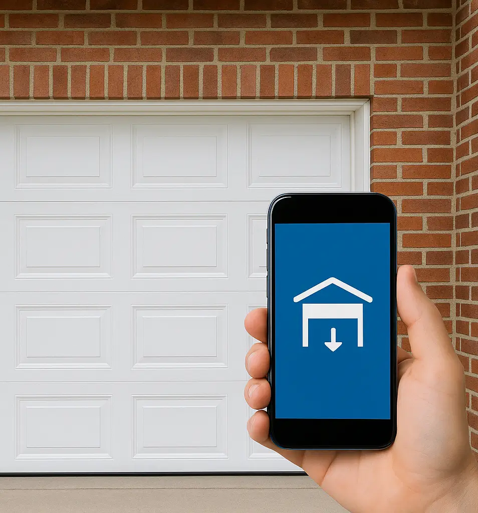 Check Garage Door Compatibility with Smart Devices – The Woodlands TX Installation Services Hand holding a smartphone with a garage door app in front of a modern white garage door on a red brick house
