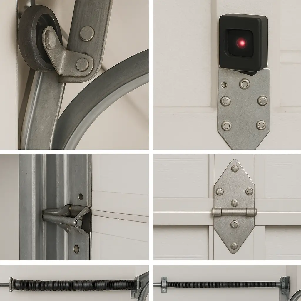 Close-up collage of garage door components including rollers, sensors, tracks, hinges, and spring systems