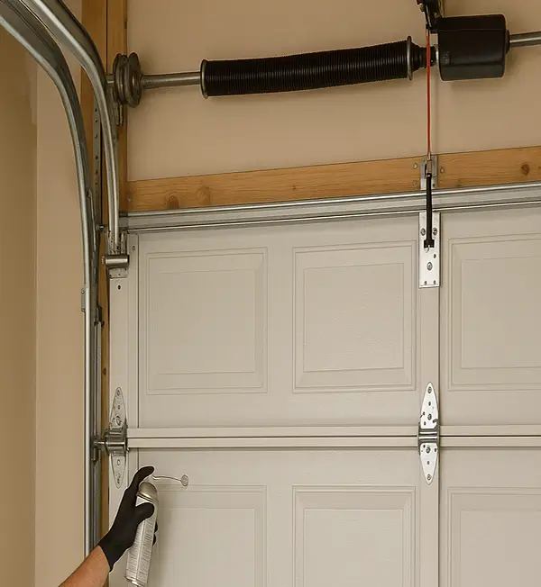 Technician spraying lubricant on a white sectional garage door hinge during a routine maintenance inspection