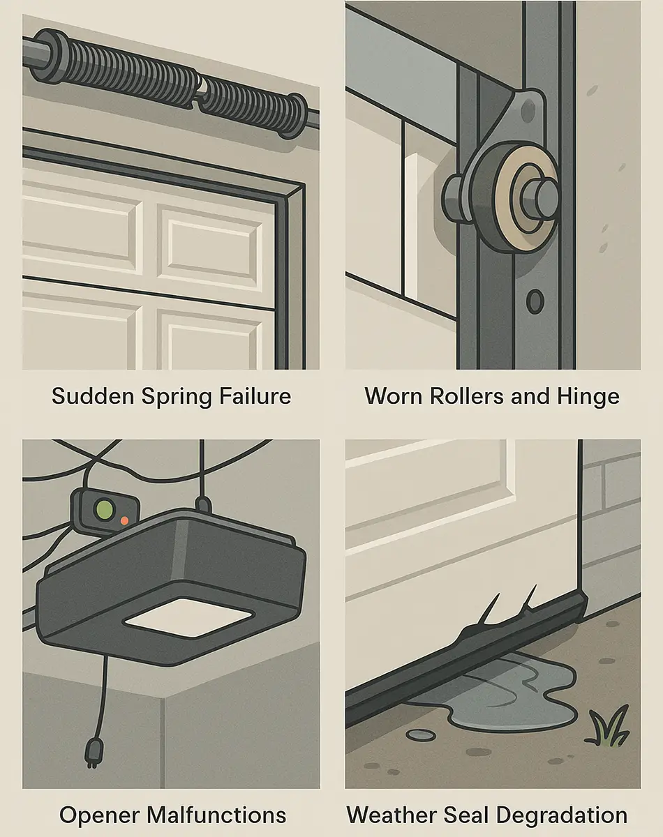 Illustrated collage showing garage door issues including broken spring, worn rollers, malfunctioning opener, and damaged weather seal