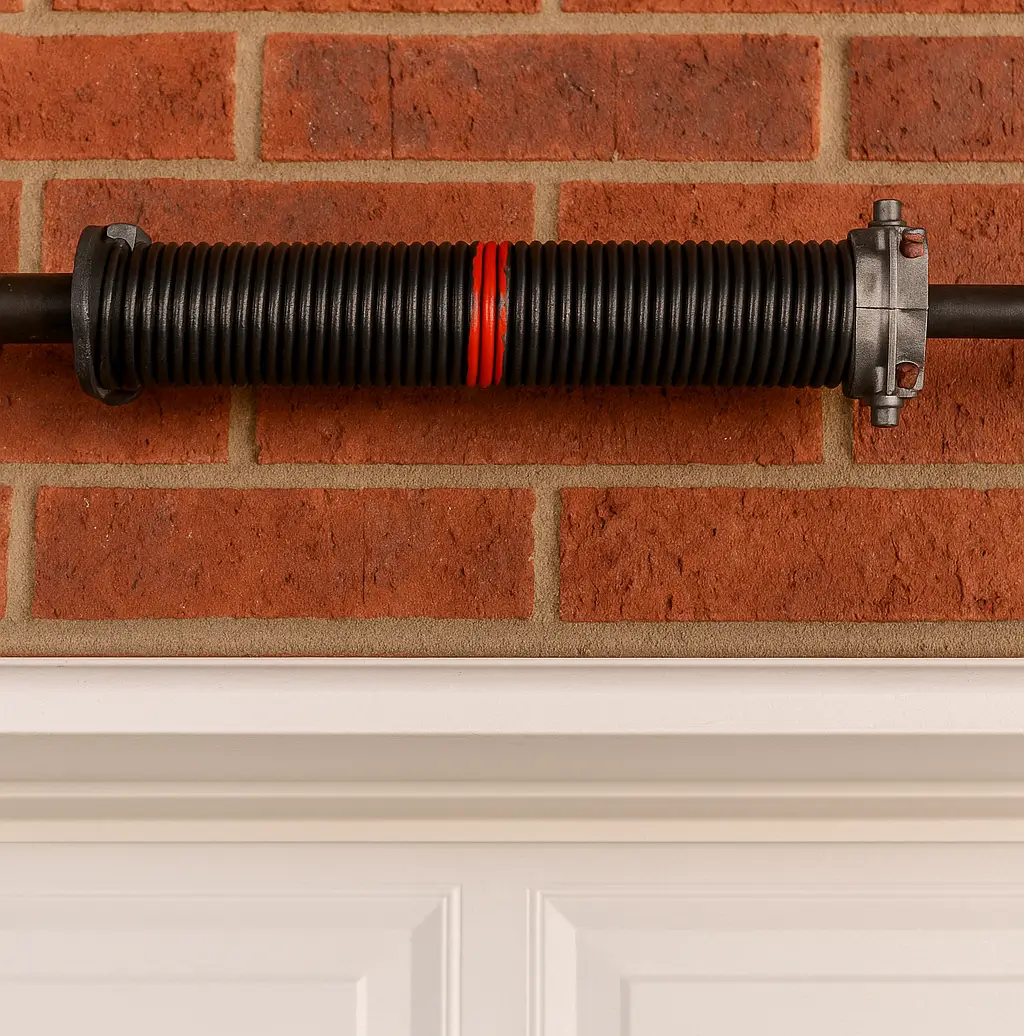 Close-up of a black torsion spring with red markings mounted above a white garage door and red brick wall  
