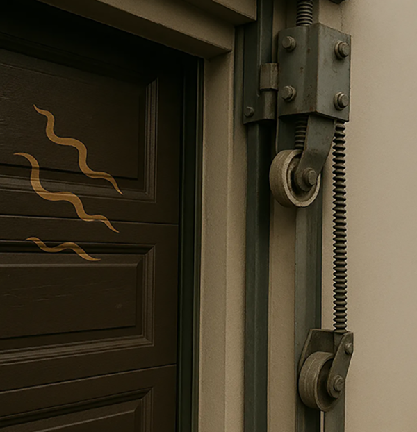 A high-resolution close-up photograph showing the upper track and roller assembly of a garage door system. The worn metal components and vibration marks on the brown panel indicate a noisy mechanism needing maintenance.
