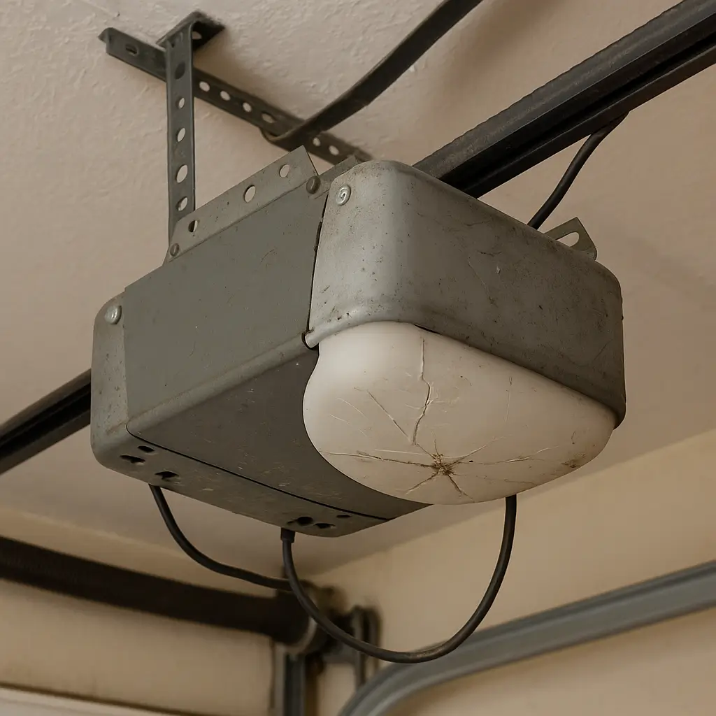 Close-up of old garage door opener with cracked plastic cover and rusted metal housing