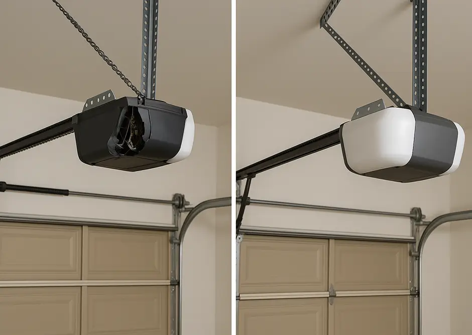 Side-by-side view of a broken garage door opener on the left and a fully repaired, modern opener on the right inside a residential garage.