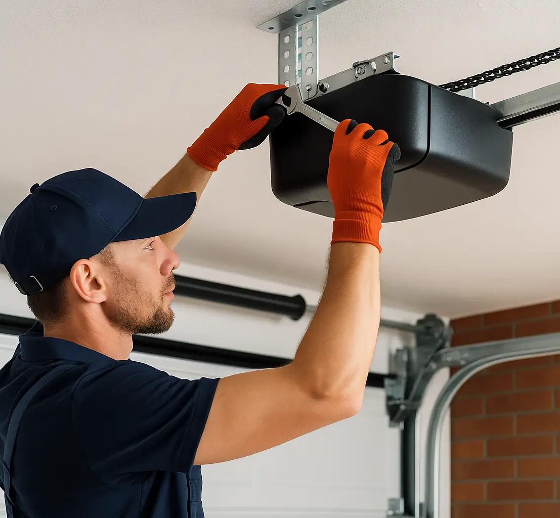 Technician installing a black garage door opener with a wrench in a residential garage