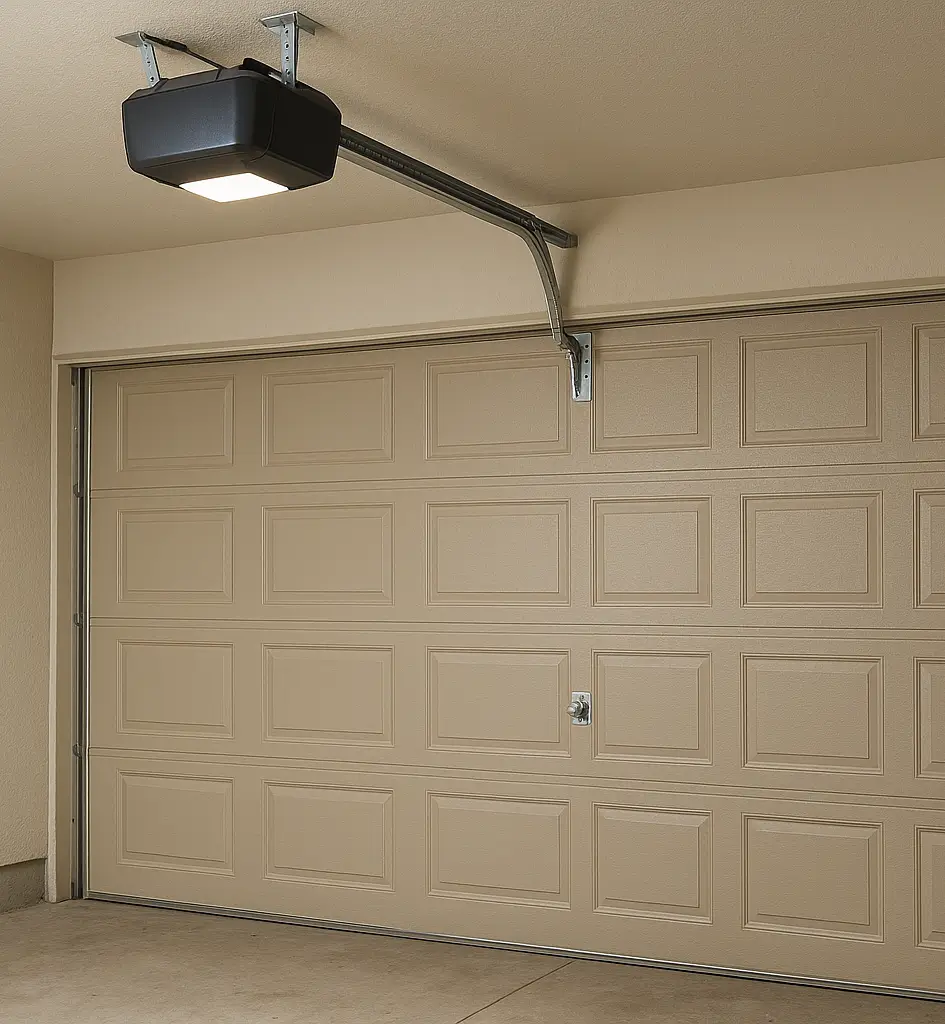 Modern beige garage door with ceiling-mounted garage door opener system inside a clean residential garage
