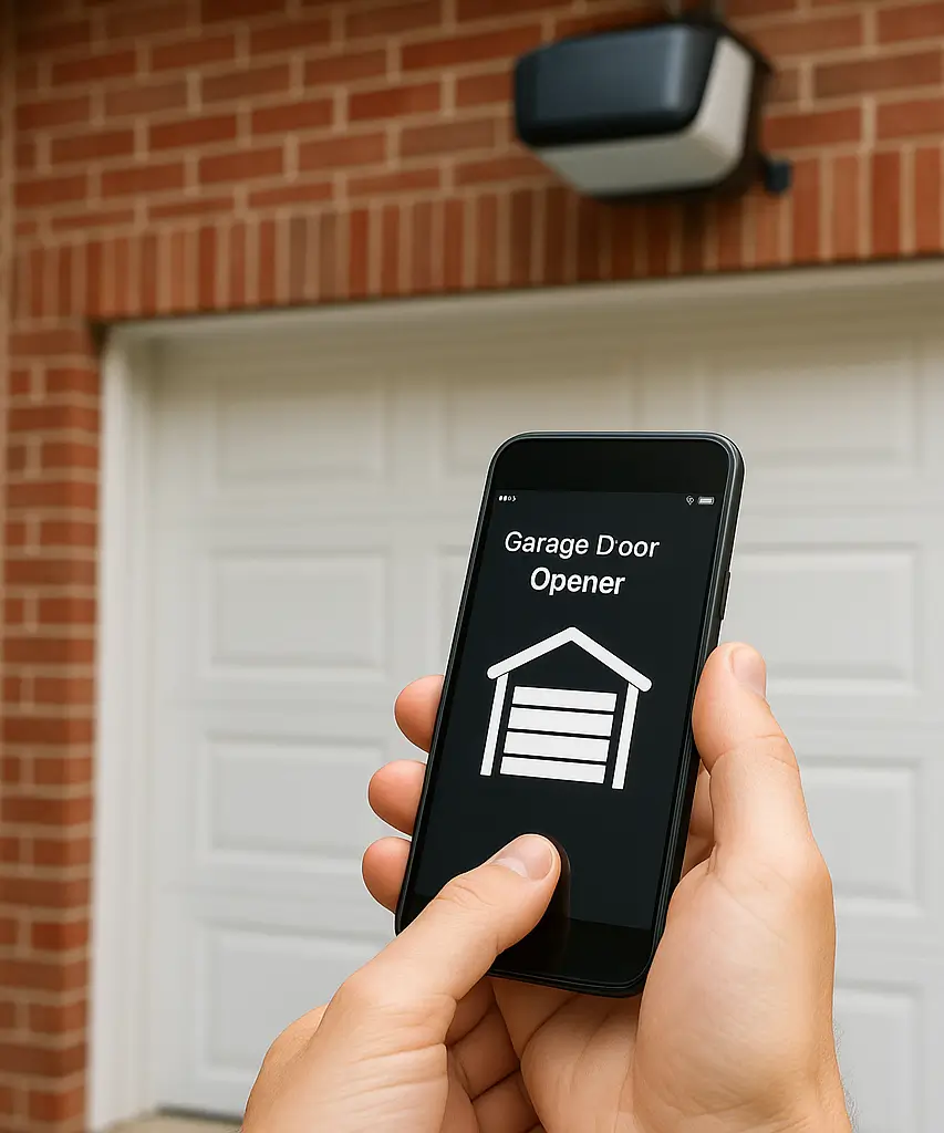 Person holding smartphone in front of white garage door with opener mounted on red brick wall