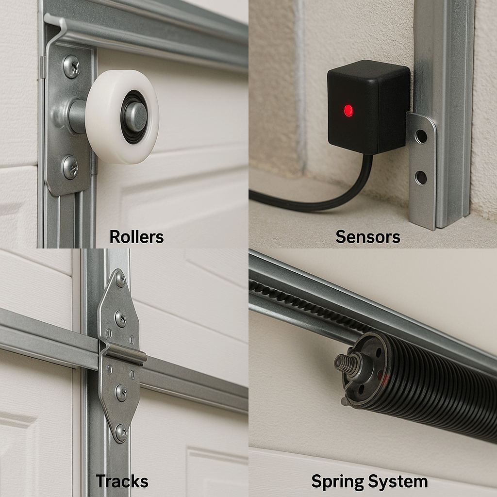 Key Garage Door Components That Impact Performance and Material Choice Close-up collage showing garage door rollers, sensors, tracks, and spring system to highlight key components and materials