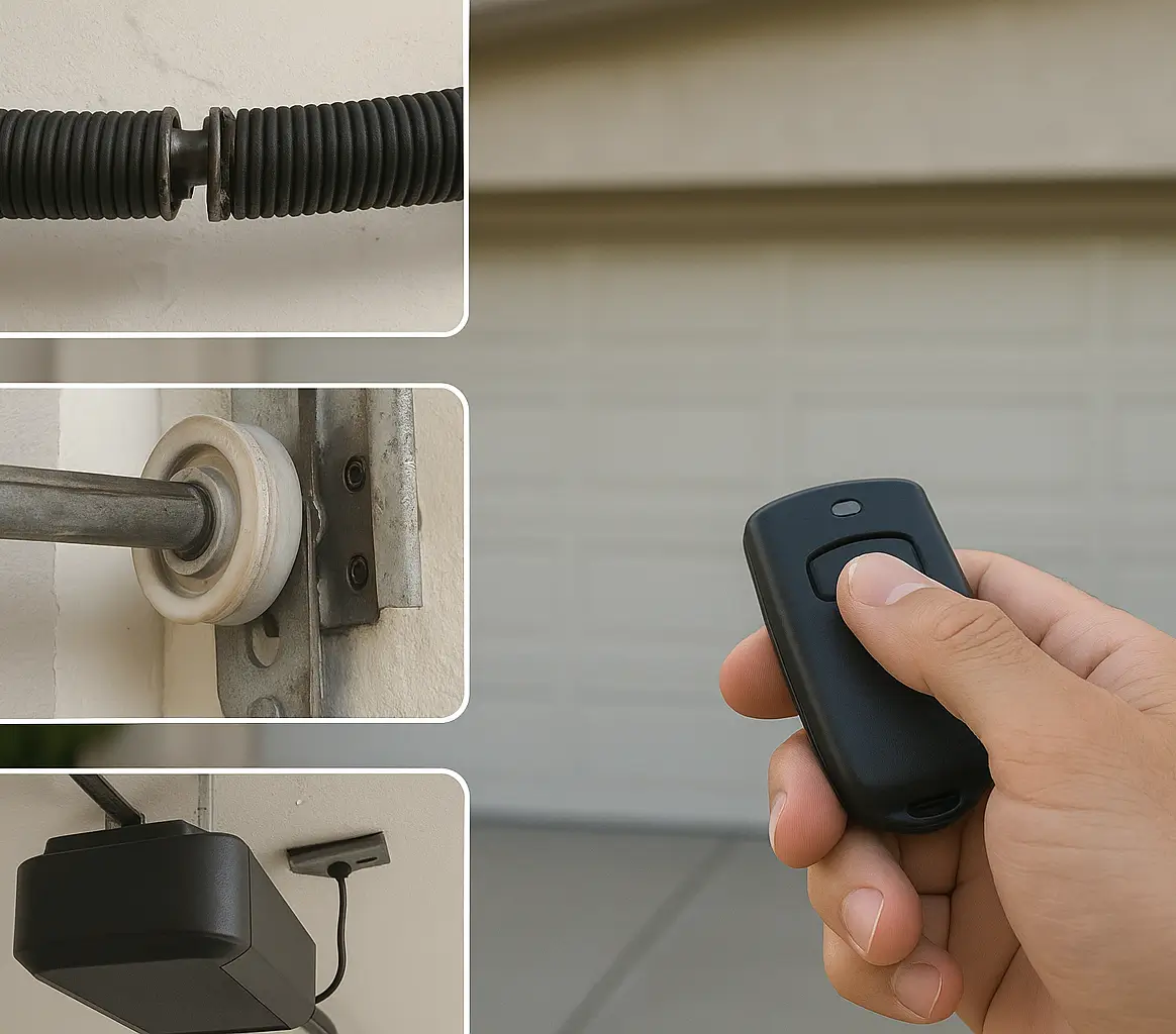 Common Garage Door Problems That Regular Maintenance Can Prevent Collage showing garage door issues including broken spring, worn roller, opener motor, and hand using a remote in front of a closed residential garage