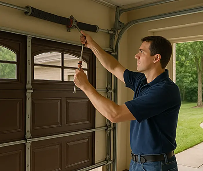 Technician adjusting garage door torsion spring from inside a residential garage in The Woodlands TX