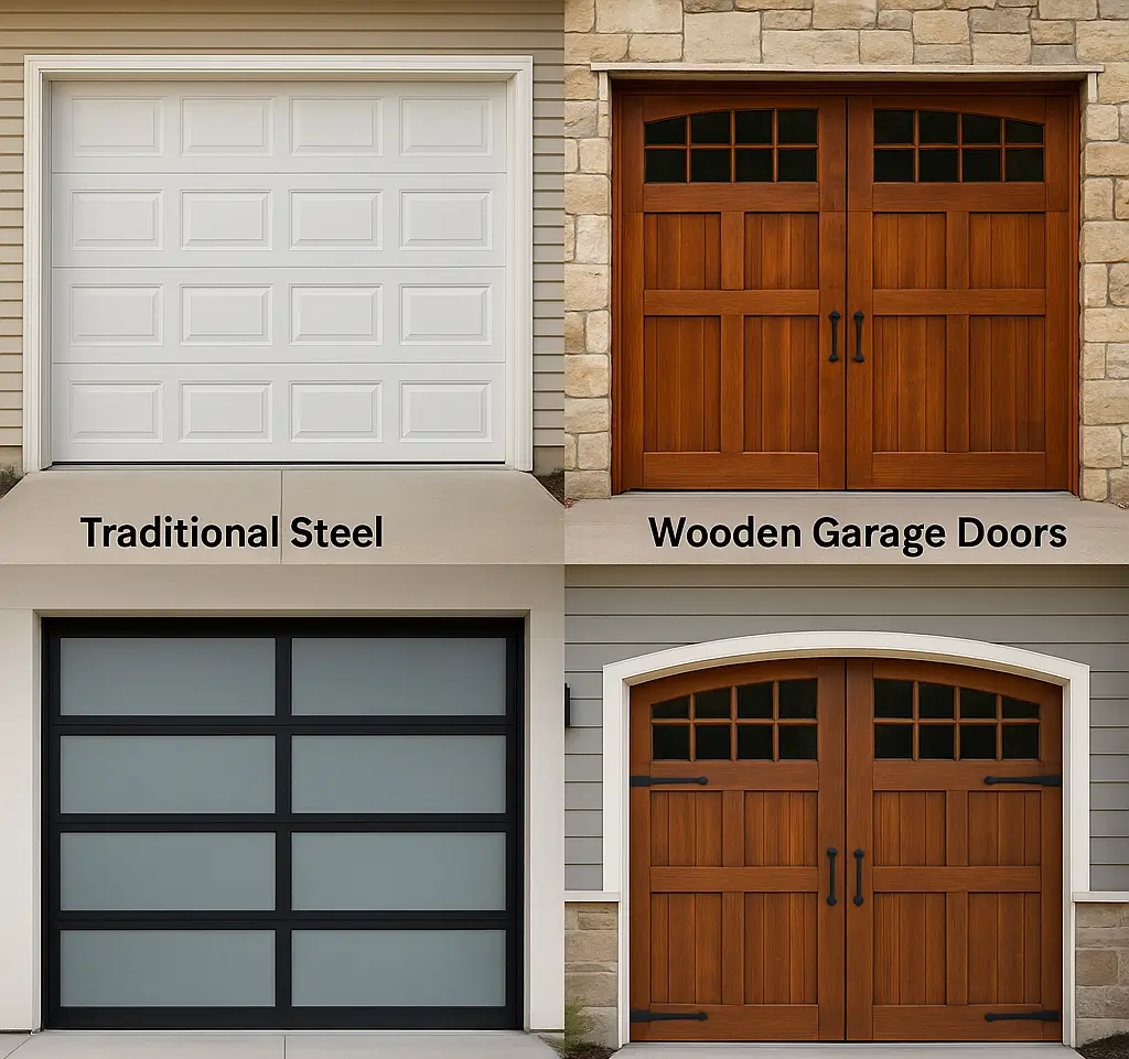 Residential Garage Door Styles Available in The Woodlands TX Four types of residential garage doors including steel, wood, aluminum and glass, and carriage house styles
