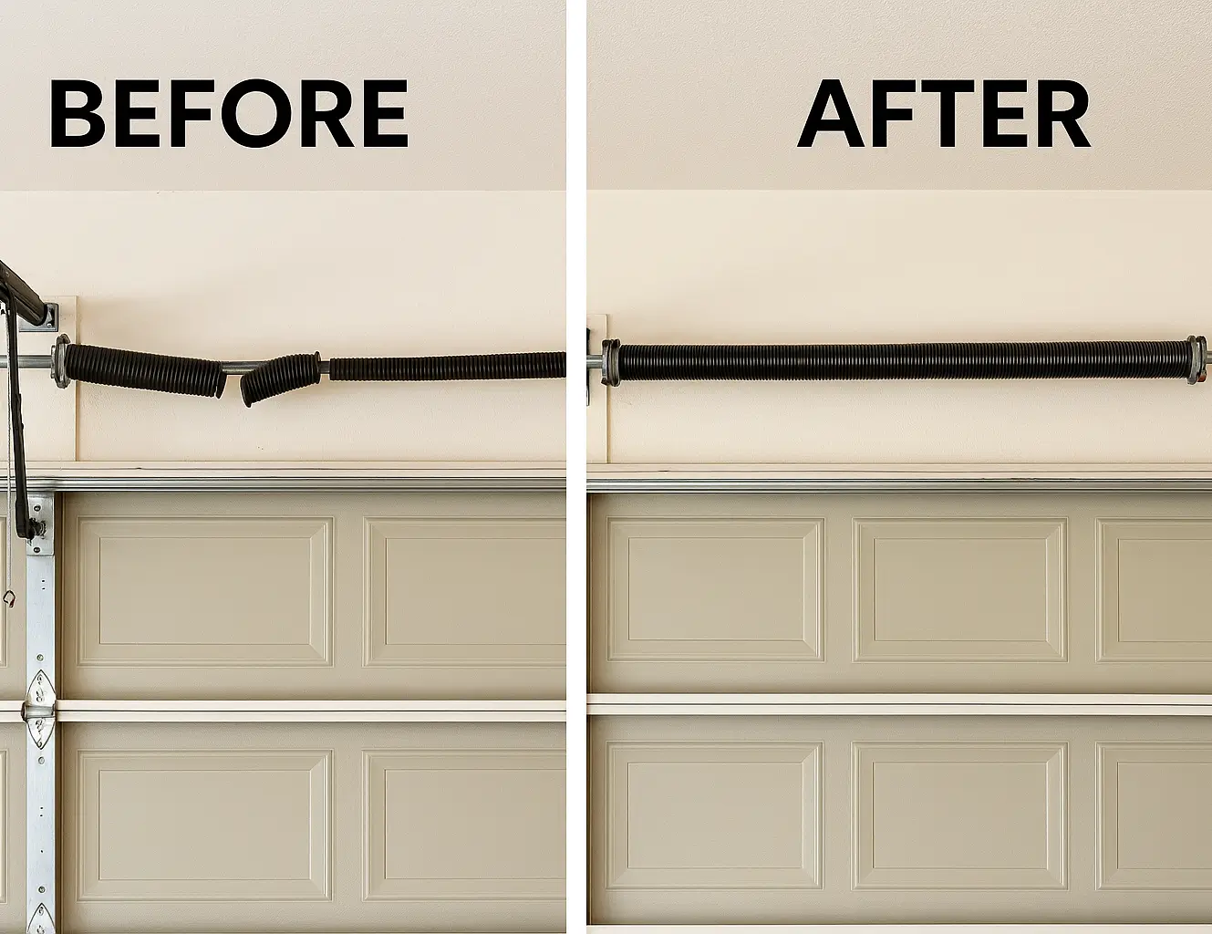 Before and After Garage Door Spring Replacement Side-by-side comparison showing a broken garage door torsion spring on the left and a fully repaired spring on the right above a beige garage door