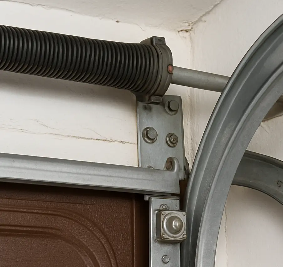 Garage Door Spring Wear Point – Maintenance Focus Area Close-up view of a garage door torsion spring mounted above a brown panel with curved metal track