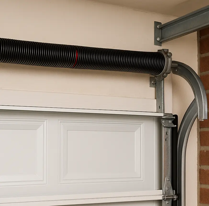 The Unsung Hero – Torsion Spring Balancing a Garage Door Close-up of a black torsion spring with red markers above a white garage door and red brick wall