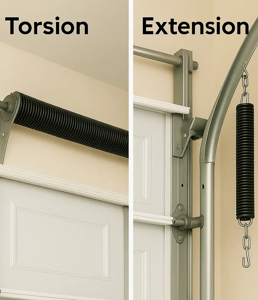 Torsion vs Extension Garage Door Springs – Know the Difference Side-by-side comparison of torsion spring and extension spring systems on white garage doors