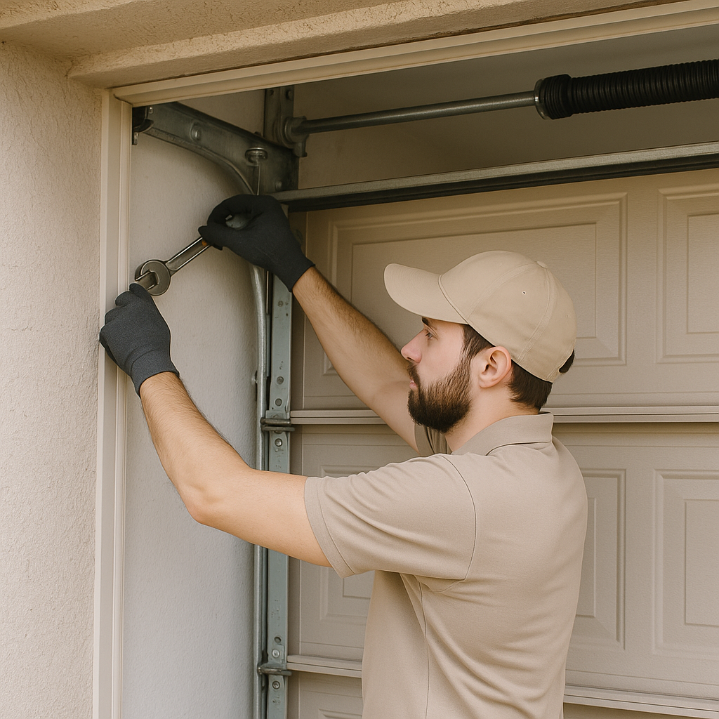 Professional garage door technician adjusting the track of a beige sectional door